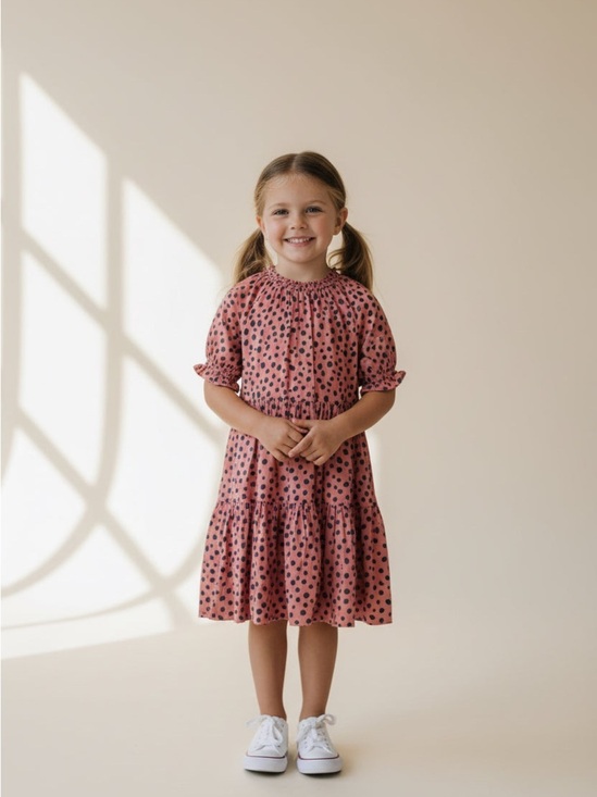 Free Assembly Other - Smocked Neck Pink Polka Dot Tiered Girls Dress